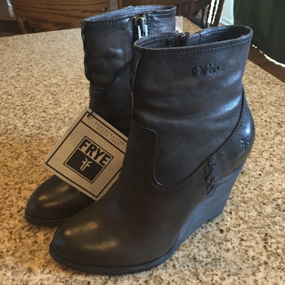 Frye Dark Chocolate Leather Wedge Ankle Booties